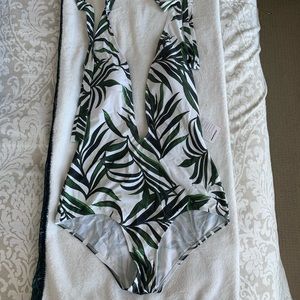 NWT Swimsuit CocoShip Retro One Piece Backless White/ Plant Print Size L